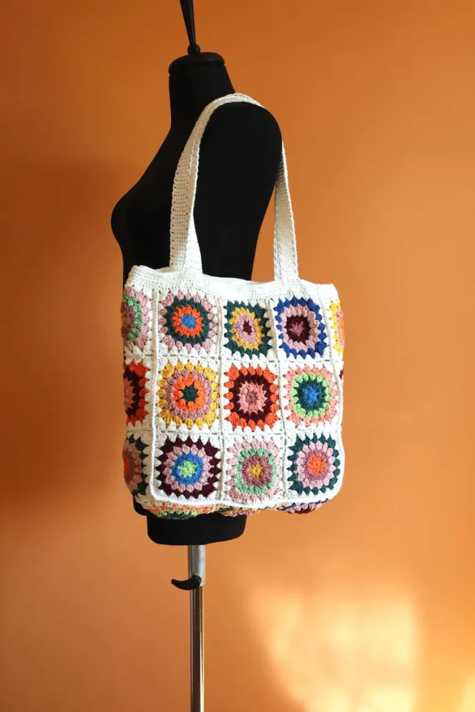 Handmade Colorful Cotton Granny Square Crochet Shoulder Bag / Purse